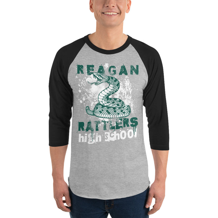 Man wearing Reagan High School Rattlers Unisex 3/4 sleeve Raglan T-shirt 205