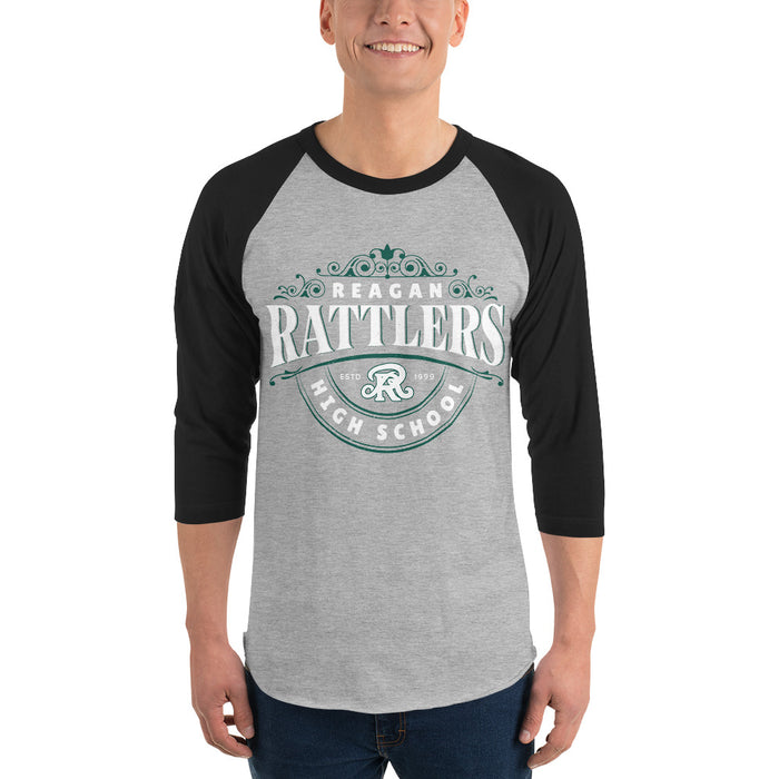 Man wearing Reagan High School Rattlers Unisex 3/4 sleeve Raglan T-shirt 211