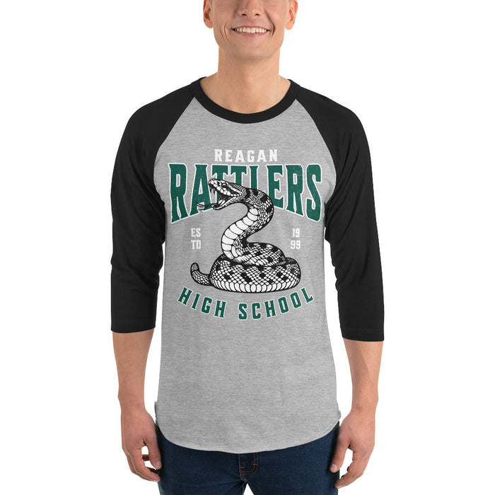 Man wearing Reagan High School Rattlers Unisex 3/4 sleeve Raglan T-shirt 213