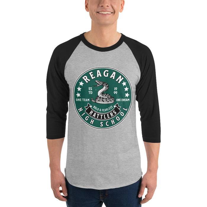 Man wearing Reagan High School Rattlers Unisex 3/4 sleeve Raglan T-shirt 215