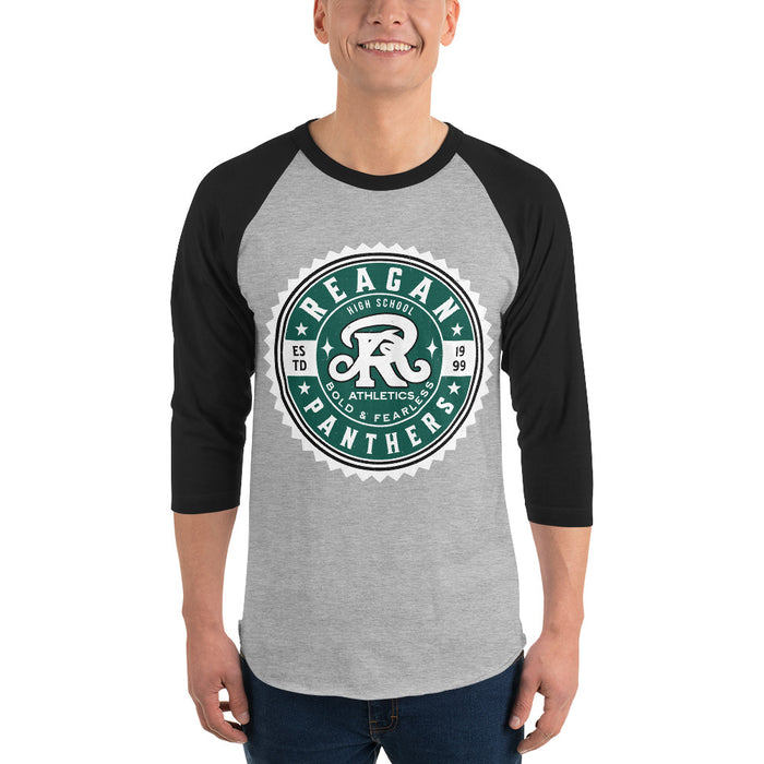 Man wearing Reagan High School Rattlers Unisex 3/4 sleeve Raglan T-shirt 203