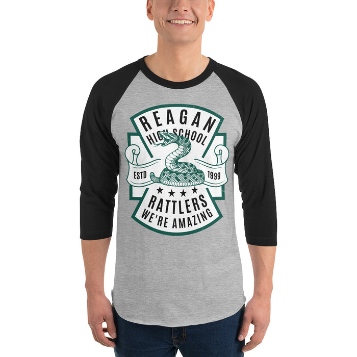 Man wearing Reagan High School Rattlers Unisex 3/4 sleeve Raglan T-shirt 207