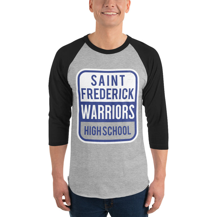 Man wearing St. Frederick High School Warriors Unisex 3/4 Sleeve Raglan T-shirt 001