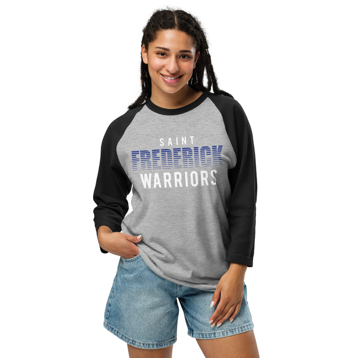 Woman wearing St. Frederick High School Warriors Unisex 3/4 Sleeve Raglan T-shirt 024