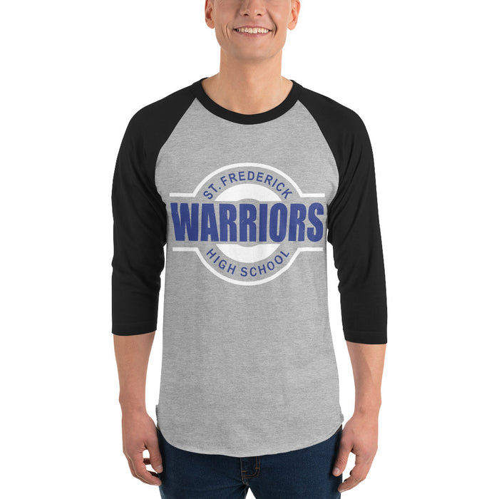 Man wearing St. Frederick High School Warriors Unisex 3/4 Sleeve Raglan T-shirt 011