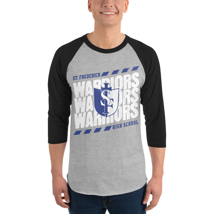 Man wearing St. Frederick High School Warriors Unisex 3/4 Sleeve Raglan T-shirt 223