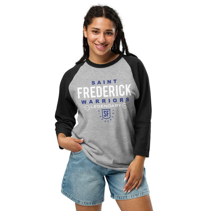 Woman wearing St. Frederick High School Warriors Unisex 3/4 Sleeve Raglan T-shirt 003