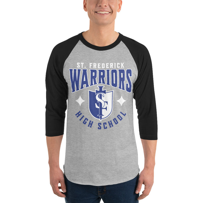 Man wearing St. Frederick High School Warriors Unisex 3/4 Sleeve Raglan T-shirt 213