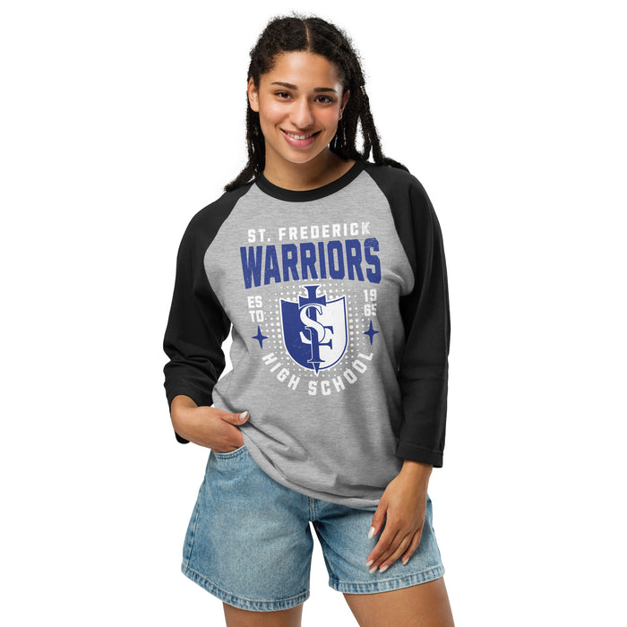 Woman wearing St. Frederick High School Warriors Unisex 3/4 Sleeve Raglan T-shirt 204