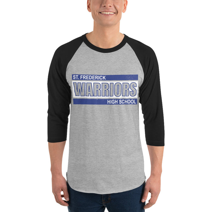 Man wearing St. Frederick High School Warriors Unisex 3/4 Sleeve Raglan T-shirt 098