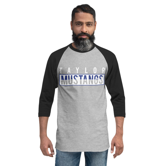 Man wearing Taylor High School Mustangs Unisex 3/4 sleeve Raglan T-shirt 031