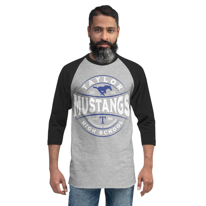 Man wearing Taylor High School Mustangs Unisex 3/4 sleeve Raglan T-shirt 218