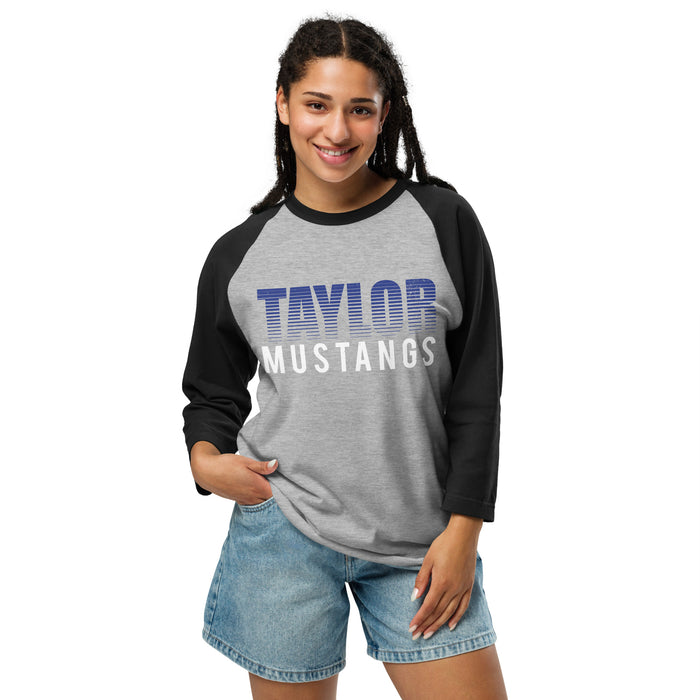 Woman wearing Taylor High School Mustangs Unisex 3/4 sleeve Raglan T-shirt 024