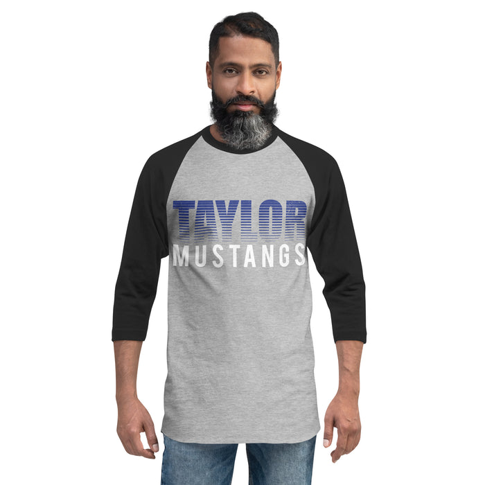 Man wearing Taylor High School Mustangs Unisex 3/4 sleeve Raglan T-shirt 024