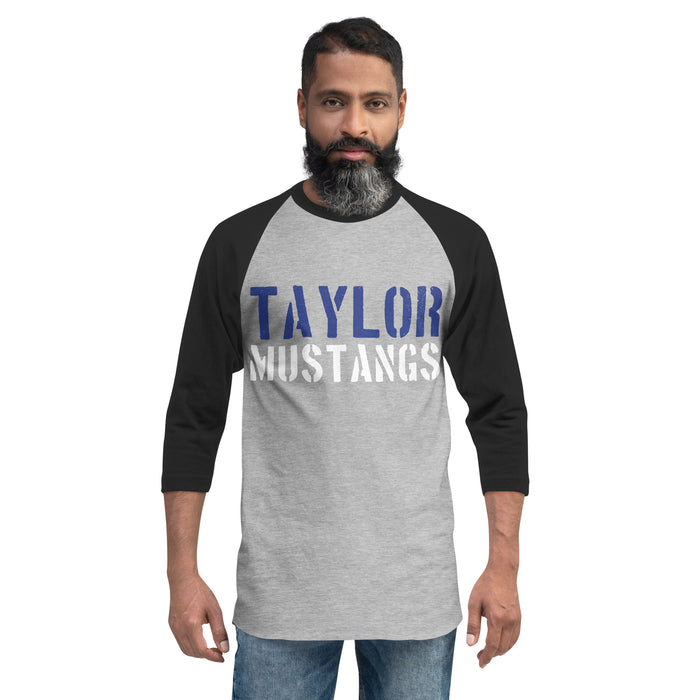 Man wearing Taylor High School Mustangs Unisex 3/4 sleeve Raglan T-shirt 017