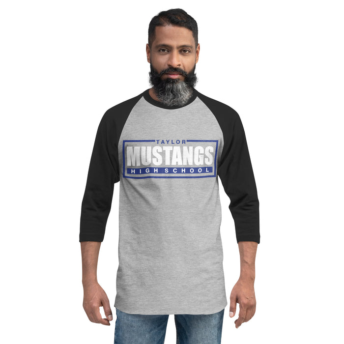 Man wearing Taylor High School Mustangs Unisex 3/4 sleeve Raglan T-shirt 049