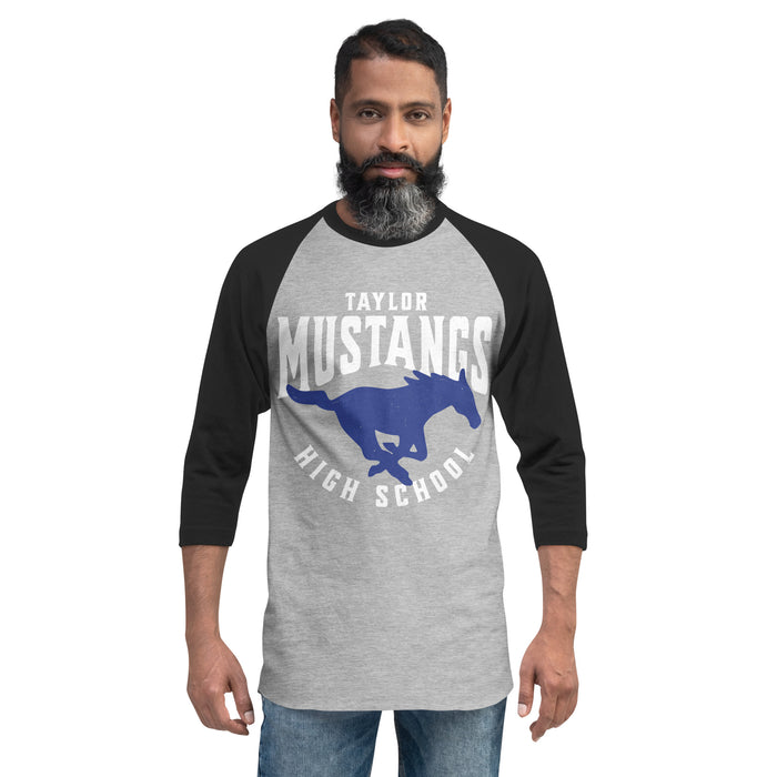 Man wearing Taylor High School Mustangs Unisex 3/4 sleeve Raglan T-shirt 213