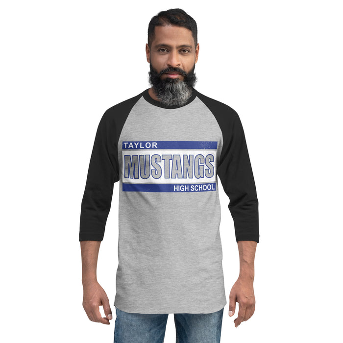 Man wearing Taylor High School Mustangs Unisex 3/4 sleeve Raglan T-shirt 098