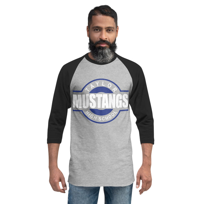 Man wearing Taylor High School Mustangs Unisex 3/4 sleeve Raglan T-shirt 011