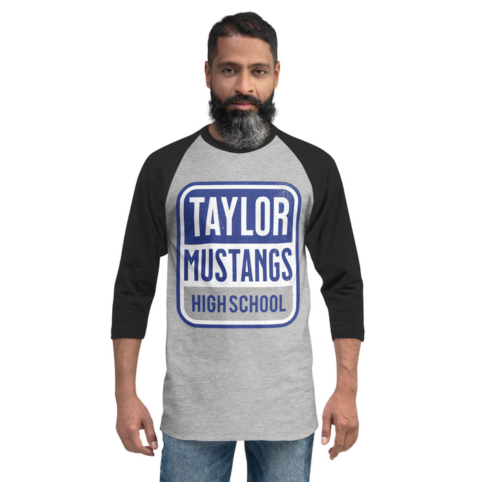 Man wearing Taylor High School Mustangs Unisex 3/4 sleeve Raglan T-shirt 001