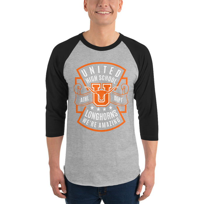 Man wearing United High School Longhorns Unisex 3/4 sleeve Raglan T-shirt 207