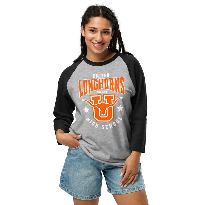 Woman wearing United High School Longhorns Unisex 3/4 sleeve Raglan T-shirt 213