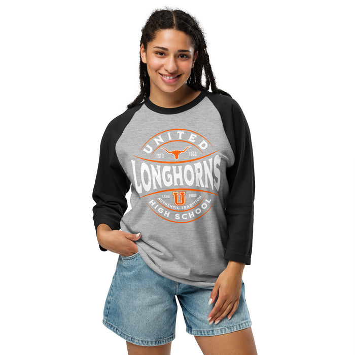 Woman wearing United High School Longhorns Unisex 3/4 sleeve Raglan T-shirt 218