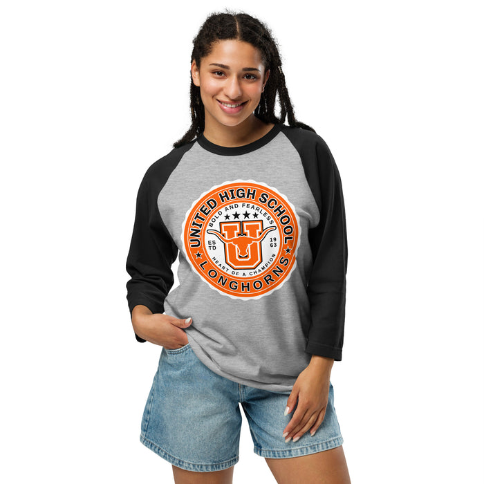 Woman wearing United High School Longhorns Unisex 3/4 sleeve Raglan T-shirt 216