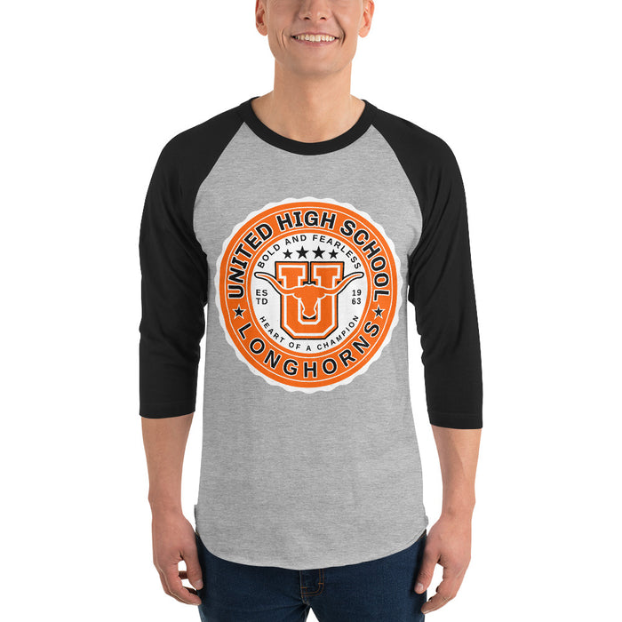 Man wearing United High School Longhorns Unisex 3/4 sleeve Raglan T-shirt 216