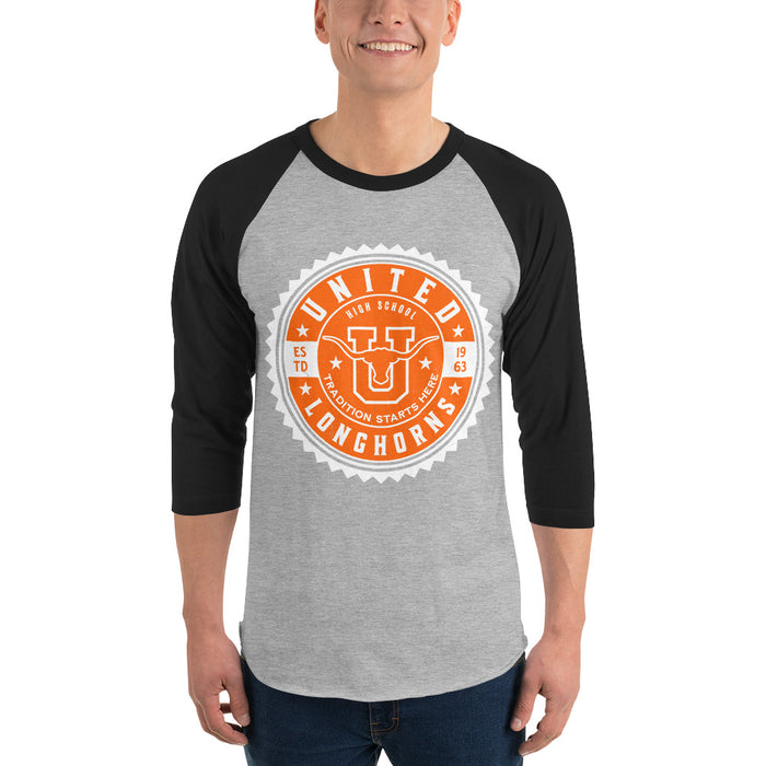 Man wearing United High School Longhorns Unisex 3/4 sleeve Raglan T-shirt 203