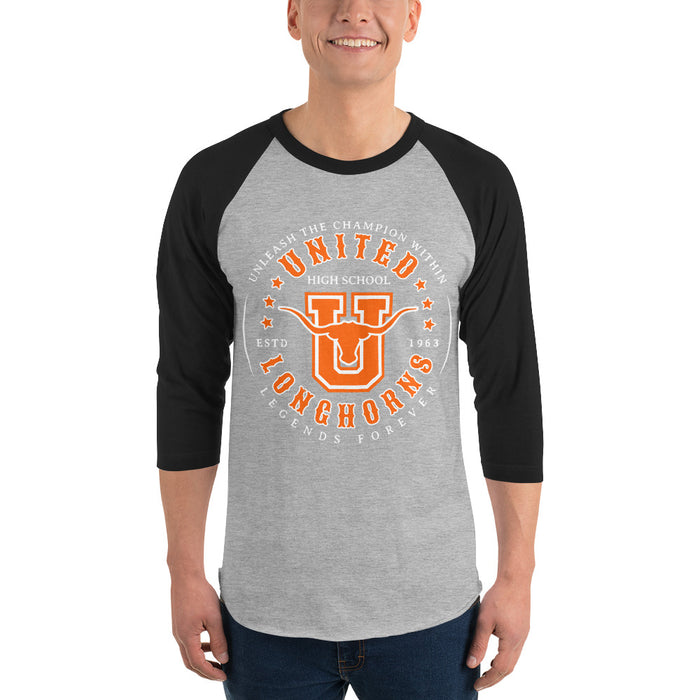 Man wearing United High School Longhorns Unisex 3/4 sleeve Raglan T-shirt 214