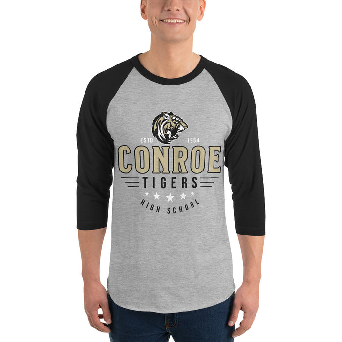 Man wearing Conroe High School Tigers Unisex 3/4 sleeve Raglan T-shirt 217