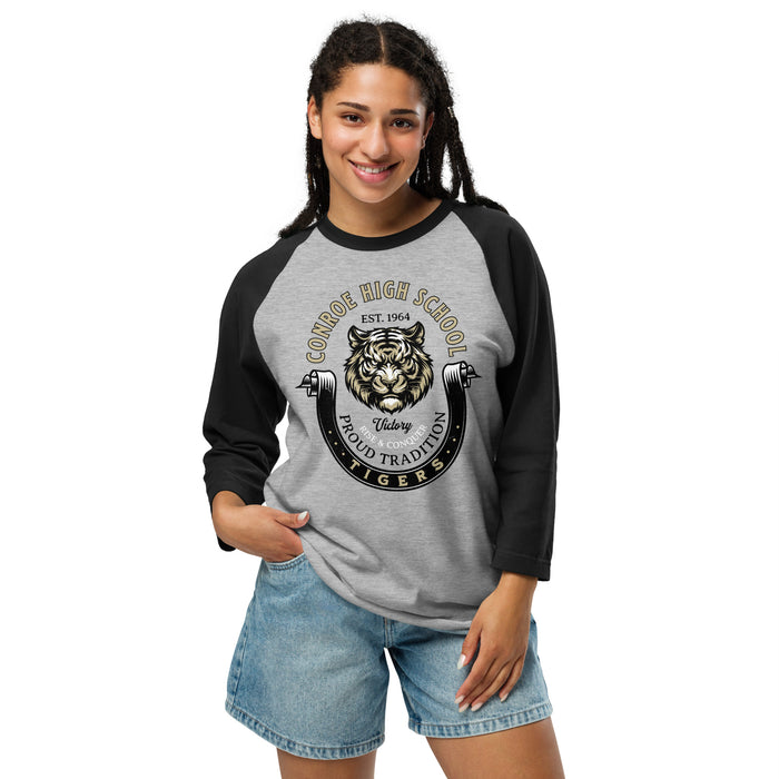 Woman wearing Conroe High School Tigers Unisex 3/4 sleeve Raglan T-shirt 229