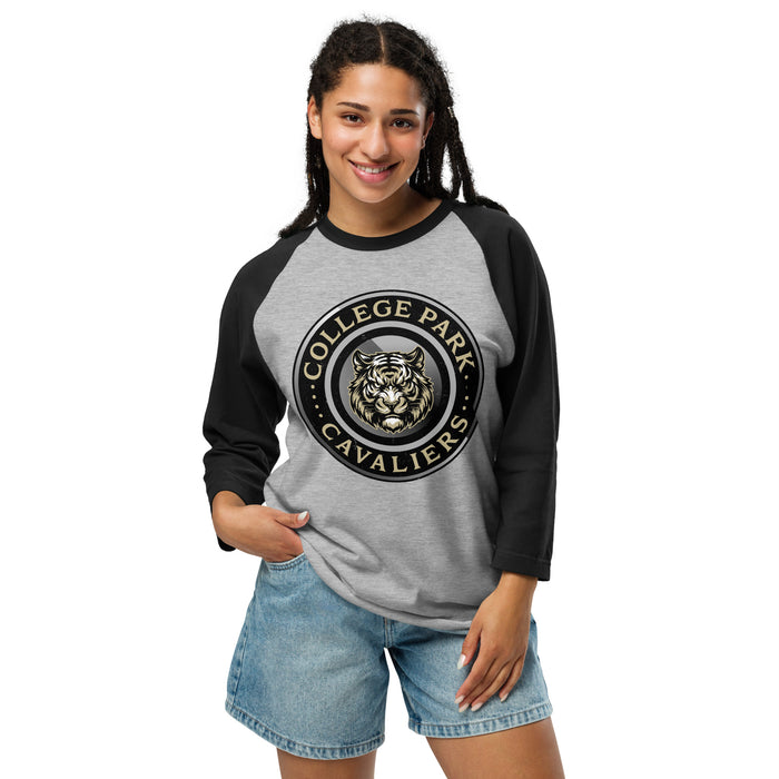 Woman wearing Conroe High School Tigers Unisex 3/4 sleeve Raglan T-shirt 222