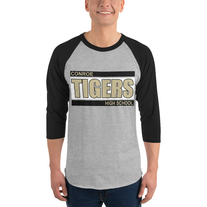 Man wearing Conroe High School Tigers Unisex 3/4 sleeve Raglan T-shirt 098