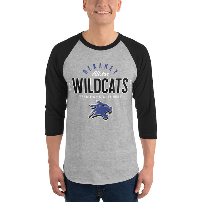 Man wearing Dekaney High School Wildcats Unisex 3/4 sleeve Raglan T-shirt 040