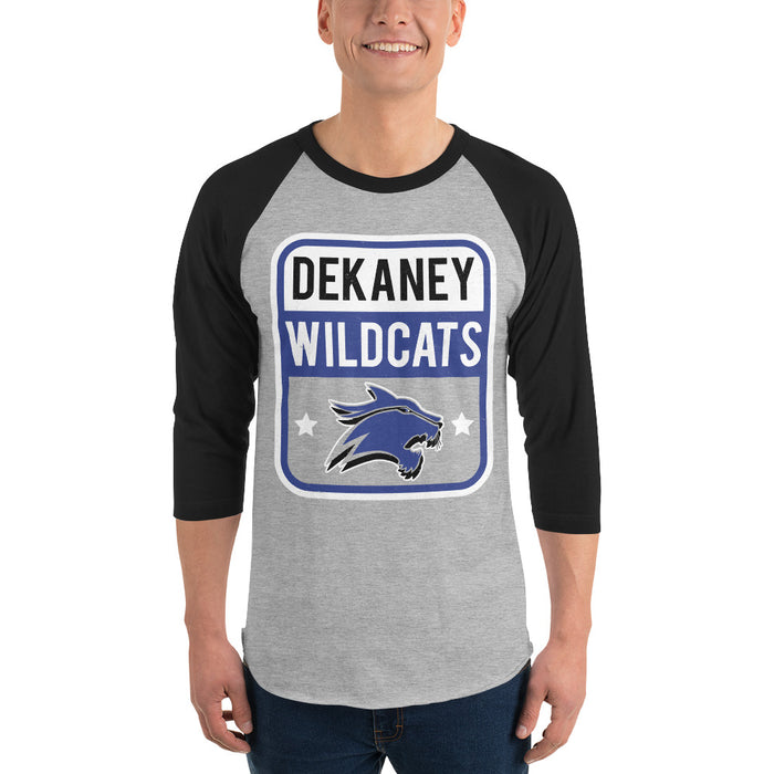 Man wearing Dekaney High School Wildcats Unisex 3/4 sleeve Raglan T-shirt 001