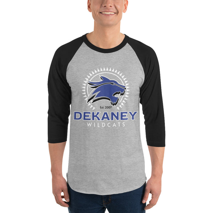 Man wearing Dekaney High School Wildcats Unisex 3/4 sleeve Raglan T-shirt 226