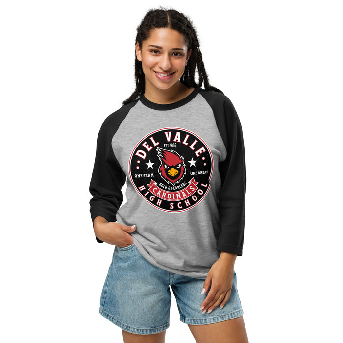 Woman wearing Del Valle High School Cardinals Unisex 3/4 sleeve Raglan T-shirt 215