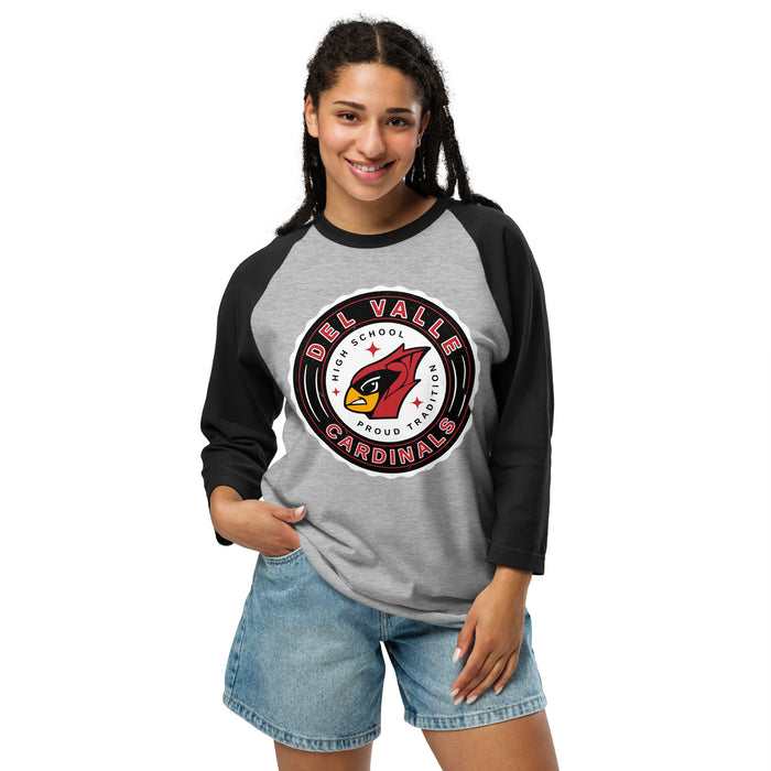 Woman wearing Del Valle High School Cardinals Unisex 3/4 sleeve Raglan T-shirt 216