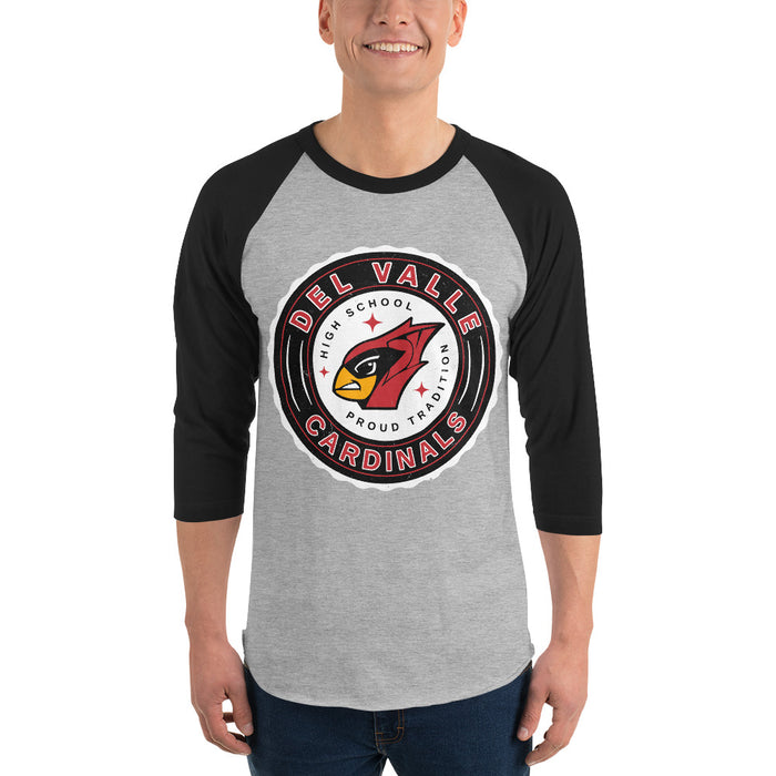 Man wearing Del Valle High School Cardinals Unisex 3/4 sleeve Raglan T-shirt 216