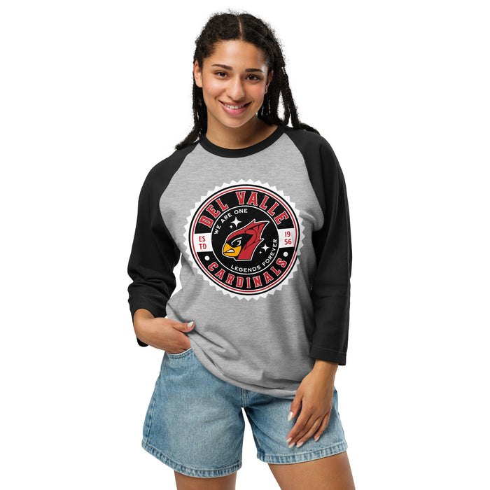 Woman wearing Del Valle High School Cardinals Unisex 3/4 sleeve Raglan T-shirt 203