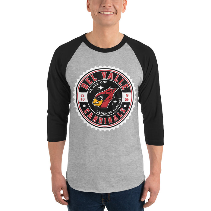 Man wearing Del Valle High School Cardinals Unisex 3/4 sleeve Raglan T-shirt 203