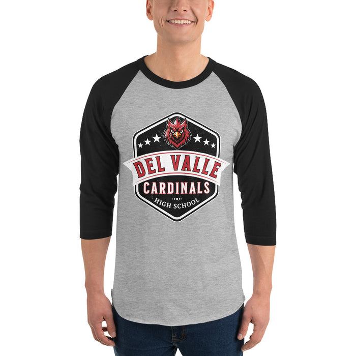 Man wearing Del Valle High School Cardinals Unisex 3/4 sleeve Raglan T-shirt 209