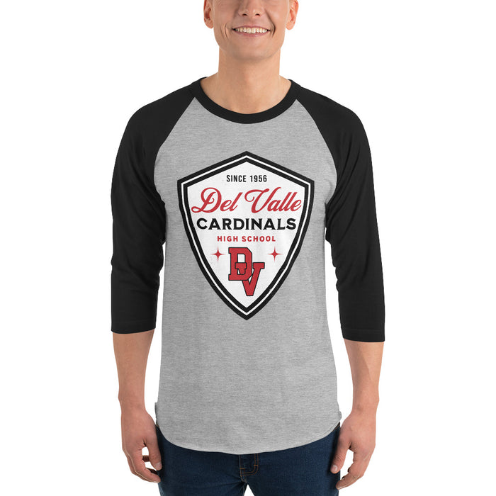 Man wearing Del Valle High School Cardinals Unisex 3/4 sleeve Raglan T-shirt 225