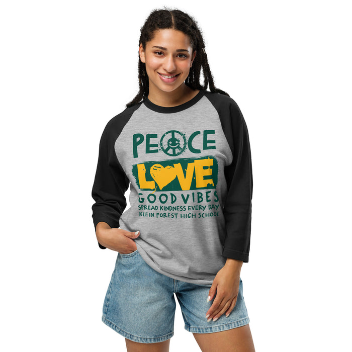 Woman wearing Klein Forest High School Golden Eagles Unisex 3/4 Sleeve Raglan T-shirt 240