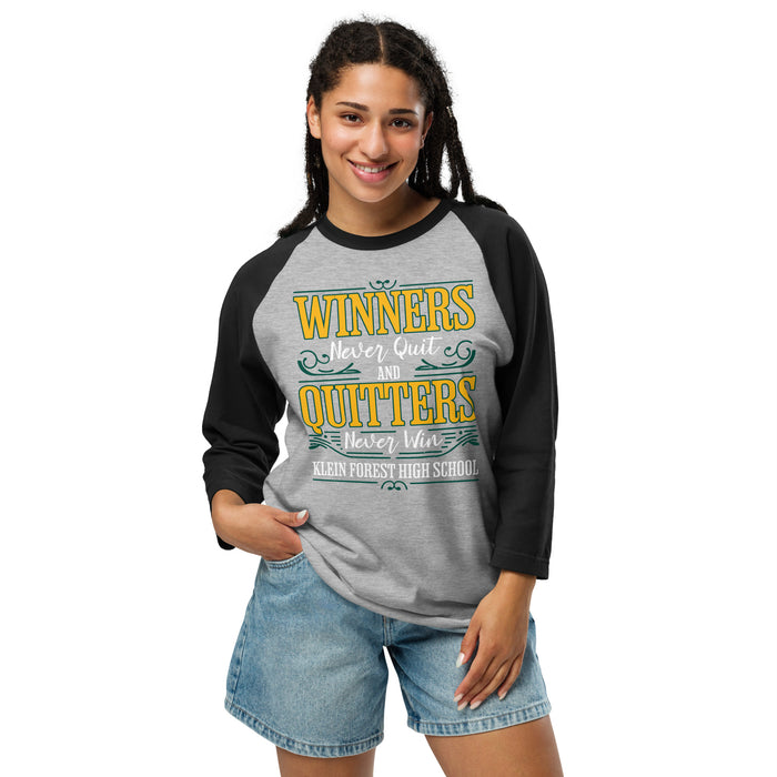 Woman wearing Klein Forest High School Golden Eagles Unisex 3/4 Sleeve Raglan T-shirt 237