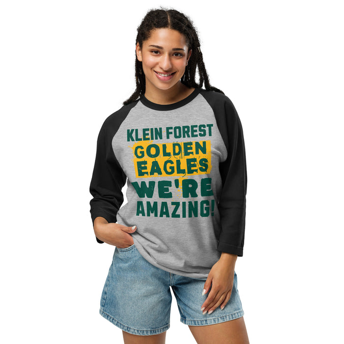 Woman wearing Klein Forest High School Golden Eagles Unisex 3/4 Sleeve Raglan T-shirt 231