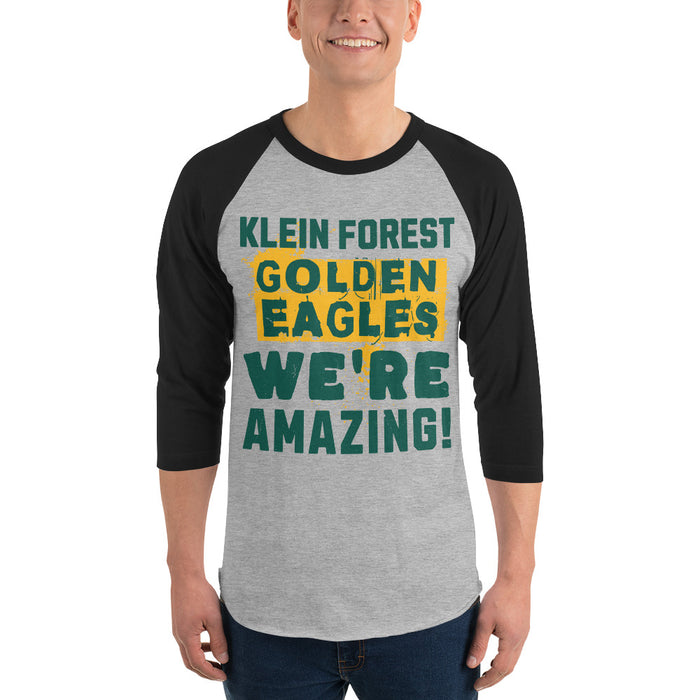 Man wearing Klein Forest High School Golden Eagles Unisex 3/4 Sleeve Raglan T-shirt 231