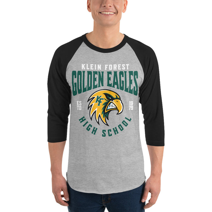 Man wearing Klein Forest High School Golden Eagles Unisex 3/4 Sleeve Raglan T-shirt 213